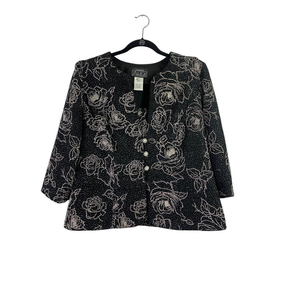 Alex Evenings Black Jacket with Silver Rose Embroidery